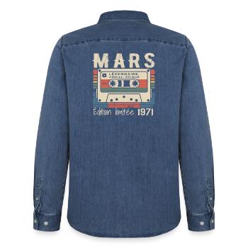 Birthday 1971 March 1971 born in March 1971 - Men’s Organic Denim Shirt by Stanley/Stella - mid washy  - Back - AI Model Male 185 light (185cm)