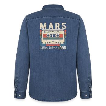 Anniversaire 1985 Mars 1985 né en Mars 1985 - Chemise en denim homme bio Stanley/Stella - bleu moyen délavé  - Dos - AI Model Male 185 light (185cm)