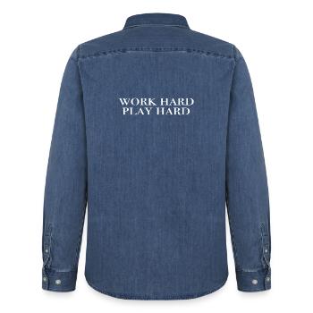 work hard, play hard - Männer Jeanshemd Organic von Stanley/Stella - verwaschenes Mittelblau  - Hinten - AI Model Male 185 light (185cm)