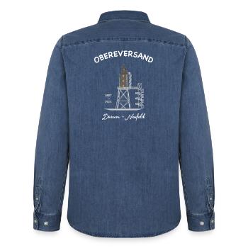Lighthouse Dorum - Neufeld, German North Sea coast - Men’s Organic Denim Shirt by Stanley/Stella - mid washy  - Back - AI Model Male 185 light (185cm)