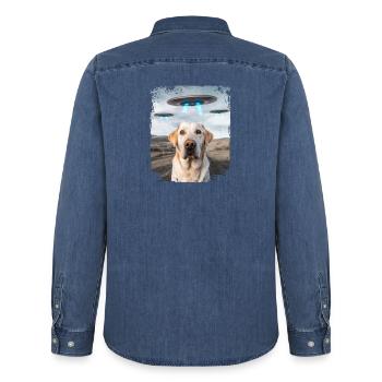 Labrador Retriever Dog Selfie with Alien UFOs. - Men’s Organic Denim Shirt by Stanley/Stella - mid washy  - Back - AI Model Male 185 light (185cm)