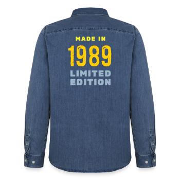 1989 - Men’s Organic Denim Shirt by Stanley/Stella - mid washy  - Back - AI Model Male 185 light (185cm)