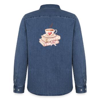 Liebe schlürfen: Kaffee und Bücher - Männer Jeanshemd Organic von Stanley/Stella - verwaschenes Mittelblau  - Hinten - AI Model Male 185 light (185cm)