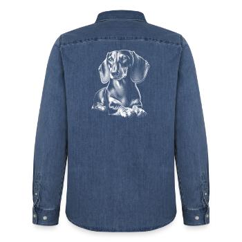 Cute Dachshund in Lying Pose in Drawing Style - Men’s Organic Denim Shirt by Stanley/Stella - mid washy  - Back - AI Model Male 185 light (185cm)