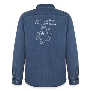 alt und gemütlich - katze spruch fauler kater - Männer Jeanshemd Organic von Stanley/Stella - verwaschenes Mittelblau  - Hinten - AI Model Male 185 light (185cm)