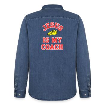 Jésus en tant que coach Conception de motivation - Chemise en denim homme bio Stanley/Stella - bleu moyen délavé  - Dos - AI Model Male 185 light (185cm)