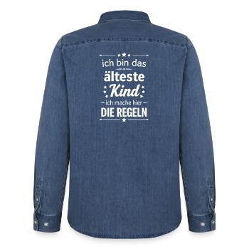 I'm the oldest child, make the rules here - Men’s Organic Denim Shirt by Stanley/Stella - mid washy  - Back - AI Model Male 185 light (185cm)