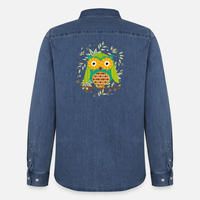 kunstvoll gestaltete Eule mit Patchwork-Muster - Männer Jeanshemd Organic von Stanley/Stella - verwaschenes Mittelblau 