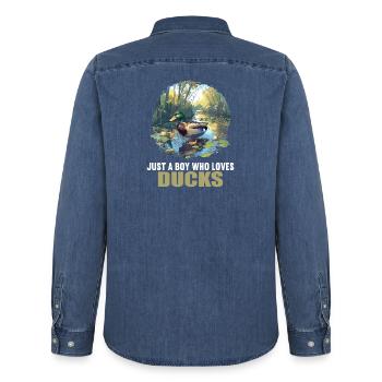 Ducks Duck - Men’s Organic Denim Shirt by Stanley/Stella - mid washy  - Back - AI Model Male 185 light (185cm)