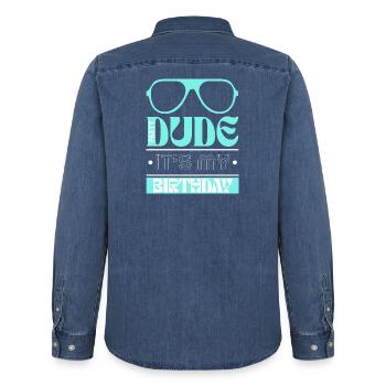 Men's Birthday – Party Dude It's My Birthday - Men’s Organic Denim Shirt by Stanley/Stella - mid washy  - Back - AI Model Male 185 light (185cm)