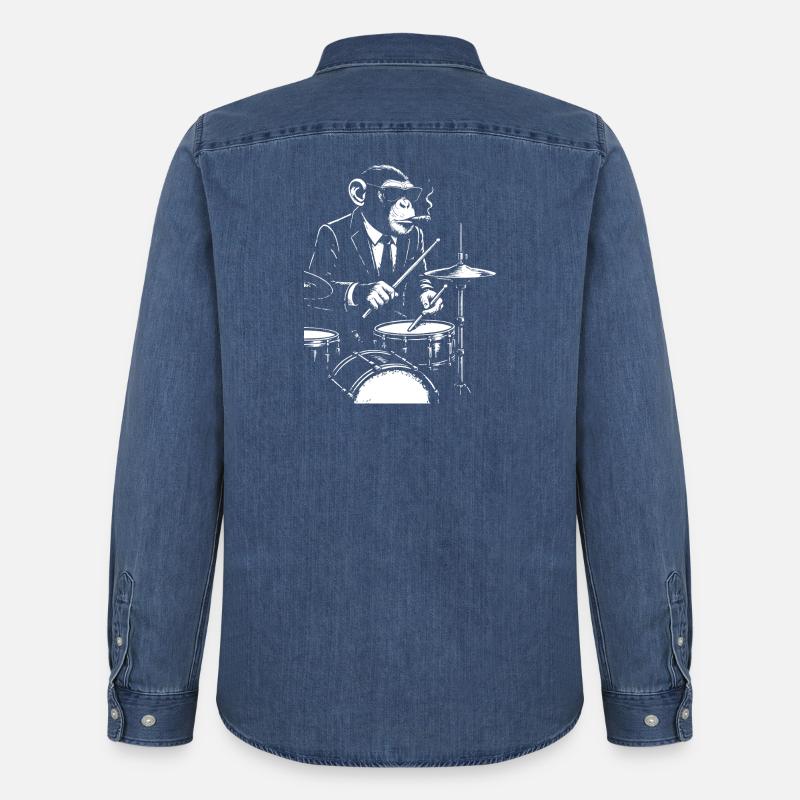 Jazz Monkey spielt das Schlagzeug - Männer Jeanshemd Organic von Stanley/Stella - verwaschenes Mittelblau 