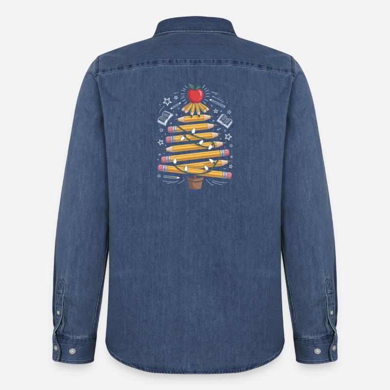 Buntstift Baum mit Lichterkette - Männer Jeanshemd Organic von Stanley/Stella - verwaschenes Mittelblau 