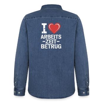 J’aime Temps de travail Fraude Pas de crime Bureau de l’emploi - Chemise en denim homme bio Stanley/Stella - bleu moyen délavé  - Dos - AI Model Male 185 light (185cm)