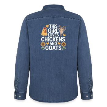 Chickens Goats Saying Chicken Funny Chickens Gift - Men’s Organic Denim Shirt by Stanley/Stella - mid washy  - Back - AI Model Male 185 light (185cm)