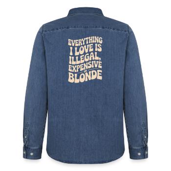 Everything I Love Illegal Expensive Blonde Men - Men’s Organic Denim Shirt by Stanley/Stella - mid washy  - Back - AI Model Male 185 light (185cm)