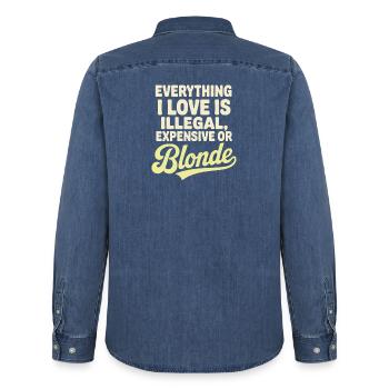 Everything I Love Illegal Expensive Blonde Men - Men’s Organic Denim Shirt by Stanley/Stella - mid washy  - Back - AI Model Male 185 light (185cm)