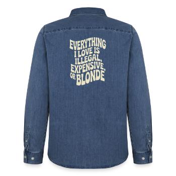 Everything I Love Illegal Expensive Blonde Men - Men’s Organic Denim Shirt by Stanley/Stella - mid washy  - Back - AI Model Male 185 light (185cm)