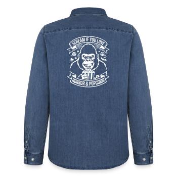 Scream Gorilla Popcorn Design - Chemise en denim homme bio Stanley/Stella - bleu moyen délavé  - Dos - AI Model Male 185 light (185cm)