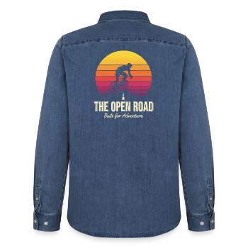Open Road Adventure Cyclist Print - Men’s Organic Denim Shirt by Stanley/Stella - mid washy  - Back - AI Model Male 185 light (185cm)