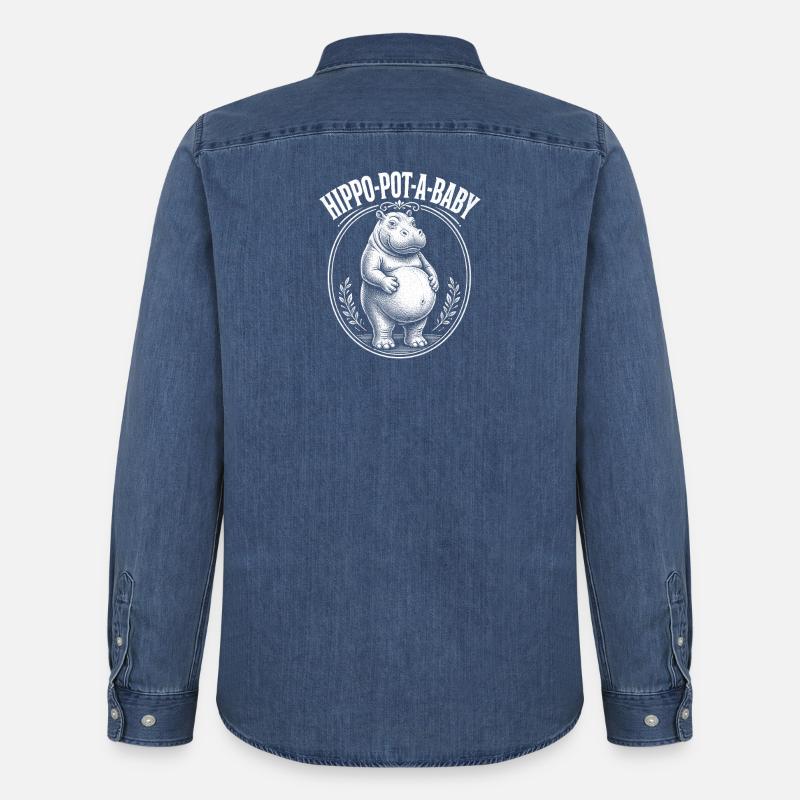 Schwangere Mutter Nilpferd-Topf-ein-Baby Nilpferd - Männer Jeanshemd Organic von Stanley/Stella - verwaschenes Mittelblau