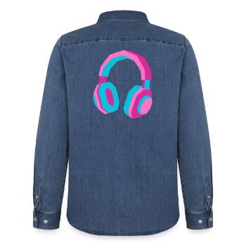 Casque Rétro Synthwave des années 80 DJ Musique Gamer - Chemise en denim homme bio Stanley/Stella - bleu moyen délavé  - Dos - AI Model Male 185 light (185cm)