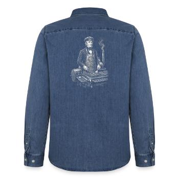 James K. Polk beim BBQ Grillen - Männer Jeanshemd Organic von Stanley/Stella - verwaschenes Mittelblau  - Hinten - AI Model Male 185 light (185cm)