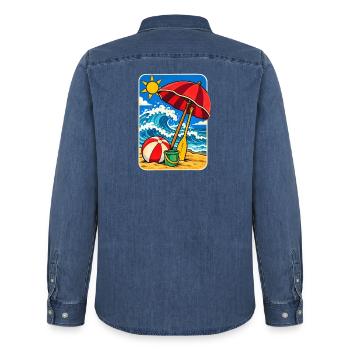 Retro Sunny Beach Day Illustration - Männer Jeanshemd Organic von Stanley/Stella - verwaschenes Mittelblau  - Hinten - AI Model Male 185 light (185cm)