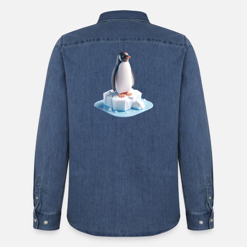 Pinguin auf Eisblock 3D - Männer Jeanshemd Organic von Stanley/Stella - verwaschenes Mittelblau 
