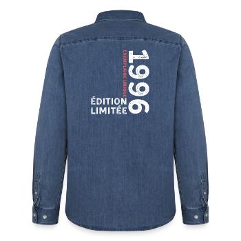 1996 vintage typographic style - Men’s Organic Denim Shirt by Stanley/Stella - mid washy  - Back - AI Model Male 185 light (185cm)