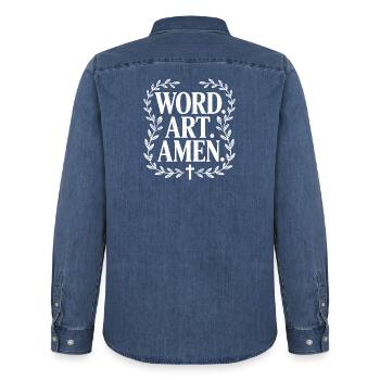 Heritage Word Art Cross - Männer Jeanshemd Organic von Stanley/Stella - verwaschenes Mittelblau  - Hinten - AI Model Male 185 light (185cm)