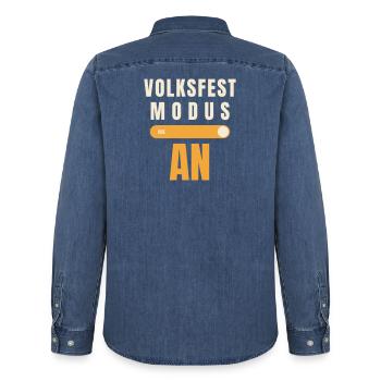 Volksfest Modus AN – Schalter Bierzelt Spruch - Männer Jeanshemd Organic von Stanley/Stella - verwaschenes Mittelblau  - Hinten - AI Model Male 185 light (185cm)