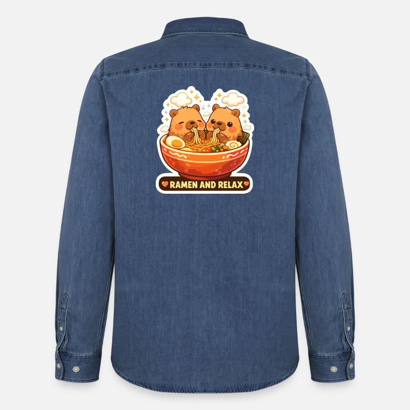 Capybara Ramen & Relax Sticker - Männer Jeanshemd Organic von Stanley/Stella - verwaschenes Mittelblau 