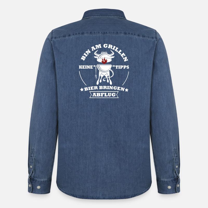 Grillkoch Spruch Logo Mit Kuh BBQ - Männer Jeanshemd Organic von Stanley/Stella - verwaschenes Mittelblau