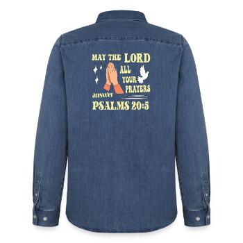 Psalm 20:5 May the Lord... - Men’s Organic Denim Shirt by Stanley/Stella - mid washy  - Back - AI Model Male 185 light (185cm)