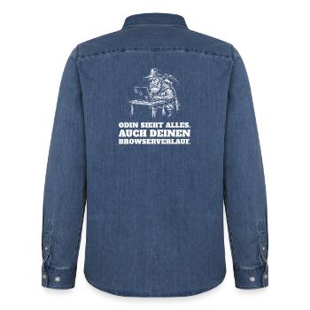 Odin sieht alles – auch deinen Browserverlauf - Männer Jeanshemd Organic von Stanley/Stella - verwaschenes Mittelblau  - Hinten - AI Model Male 185 light (185cm)