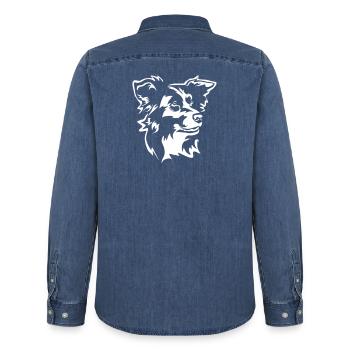 Border Collie Head "Black Edition" - Men’s Organic Denim Shirt by Stanley/Stella - mid washy  - Back - AI Model Male 185 light (185cm)