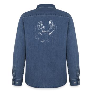 monkey plays chess with homo erectus. Funny design - Men’s Organic Denim Shirt by Stanley/Stella - mid washy  - Back - AI Model Male 185 light (185cm)