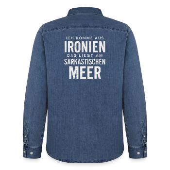 Ich Komme Aus Ironien Humor Lustiger Spruch Witzig - Männer Jeanshemd Organic von Stanley/Stella - verwaschenes Mittelblau  - Hinten - AI Model Male 185 light (185cm)