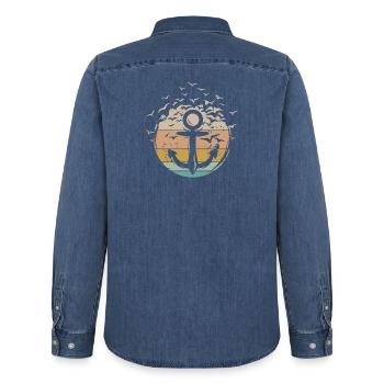 Ancre rétro capitaine bateau bateau icône vintage - Chemise en denim homme bio Stanley/Stella - bleu moyen délavé  - Dos - AI Model Male 185 light (185cm)