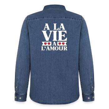 Life and Love Red Hearts - Men’s Organic Denim Shirt by Stanley/Stella - mid washy  - Back - AI Model Male 185 light (185cm)