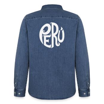 Pérou - Typographie ornée - Chemise en denim homme bio Stanley/Stella - bleu moyen délavé  - Dos - AI Model Male 185 light (185cm)