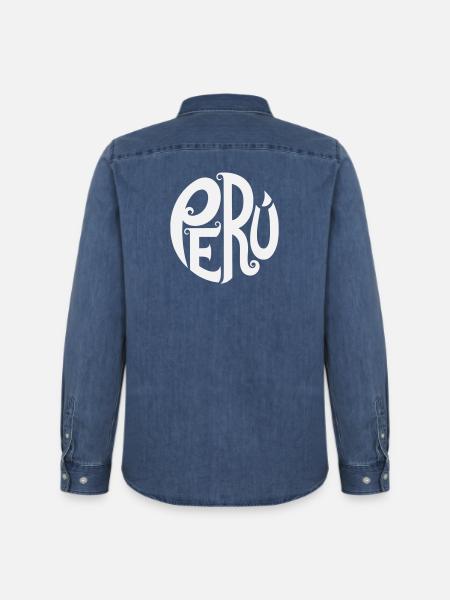 Peru - Ornate Typography - Men’s Organic Denim Shirt by Stanley/Stella - mid washy