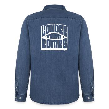 Louder Than Bombs Bold Typography - Men’s Organic Denim Shirt by Stanley/Stella - mid washy  - Back - AI Model Male 185 light (185cm)