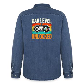 Dad Level Unlocked Retro Controller, Fathers  - Men’s Organic Denim Shirt by Stanley/Stella - mid washy  - Back - AI Model Male 185 light (185cm)
