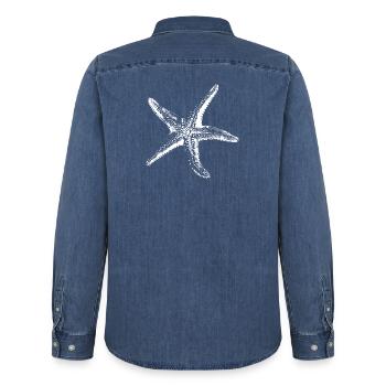 White Starfish Silhouette on Black - Men’s Organic Denim Shirt by Stanley/Stella - mid washy  - Back - AI Model Male 185 light (185cm)
