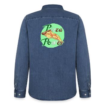 Pizza Power Super Powers Energy Slice UK - Chemise en denim homme bio Stanley/Stella - bleu moyen délavé  - Dos - AI Model Male 185 light (185cm)