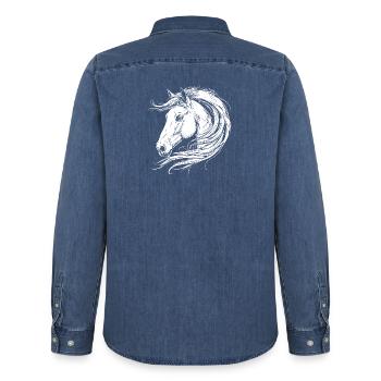 Elegant horse portrait with mane in white - Men’s Organic Denim Shirt by Stanley/Stella - mid washy  - Back - AI Model Male 185 light (185cm)