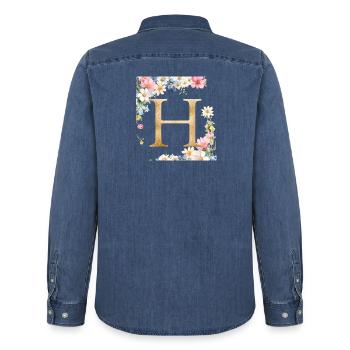 H Monogramme, Floral, Personnalisable - Chemise en denim homme bio Stanley/Stella - bleu moyen délavé  - Dos - AI Model Male 185 light (185cm)