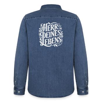 HERR DEINES LEBENS florales Bibel Design - Männer Jeanshemd Organic von Stanley/Stella - verwaschenes Mittelblau  - Hinten - AI Model Male 185 light (185cm)