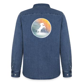 Mystical unicorn in the enchanted forest - Men’s Organic Denim Shirt by Stanley/Stella - mid washy  - Back - AI Model Male 185 light (185cm)